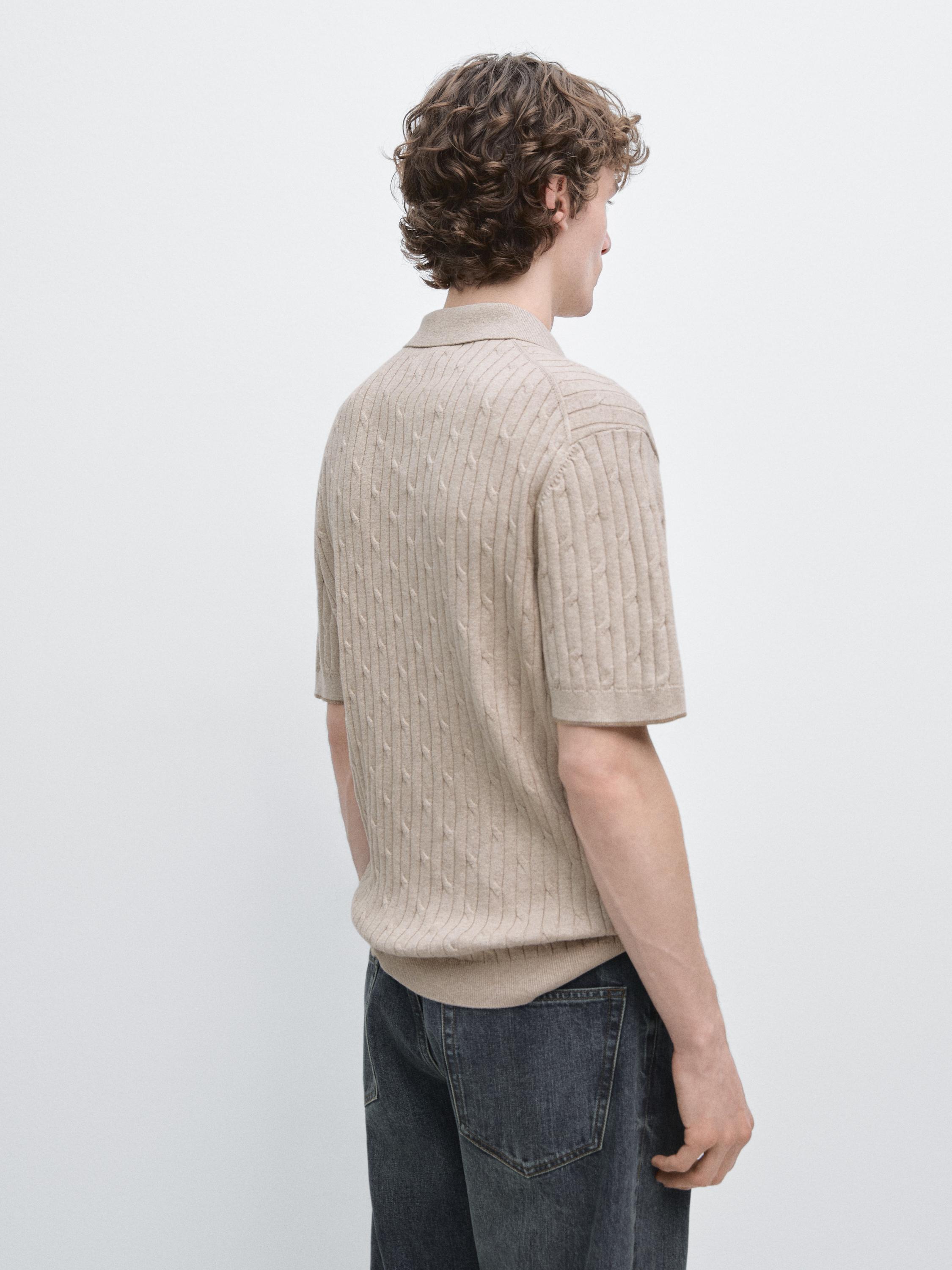 Cotton blend cable-knit polo sweater